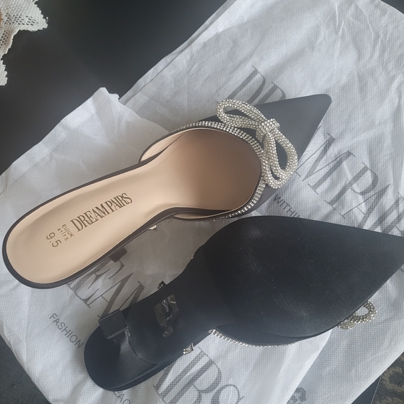 Dream Pairs Black Satin Heels with Rhinestone Bow High HE - Picture 8 of 9